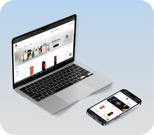 Notebook e celular exibindo a loja virtual do ConnectStore integrada ao catálogo de produtos e ao estoque da loja física