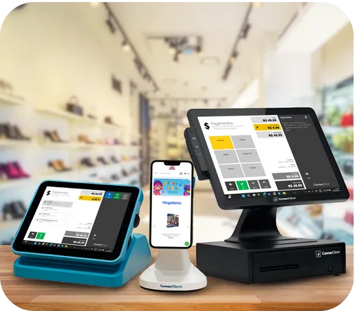 Estação de frente de caixa do ConnectStore em uma loja de calçados, com tablet, celular e terminal touch exibindo a tela de pagamentos